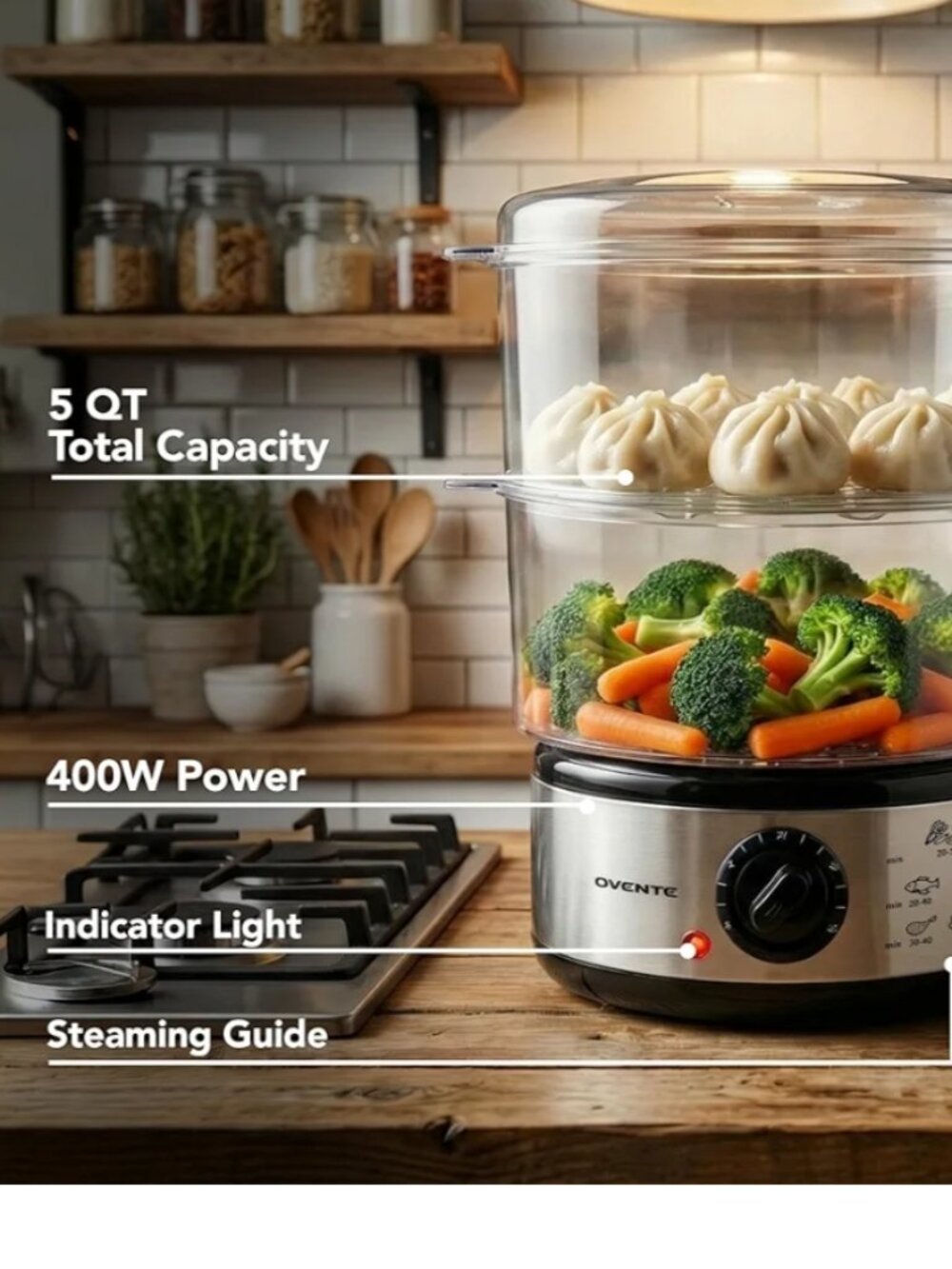 NIB OVENTE 2 Tier Electric Food Steamer for Cooking Vegetables,Stainless Steel - Picture 12 of 12